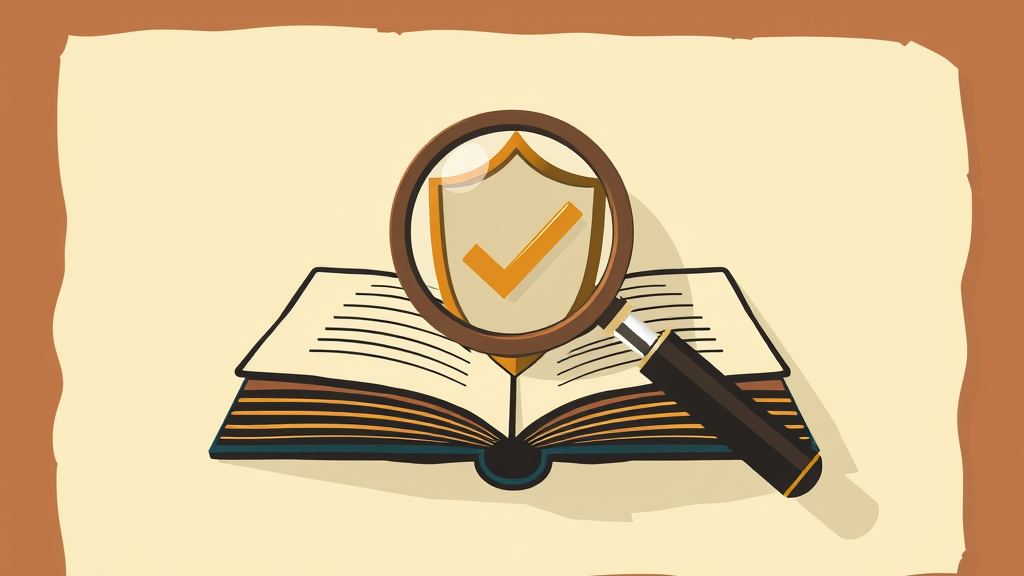 Abstract artwork: a magnifying glass over a ledger beside a shield with a checkmark in bronze and espresso