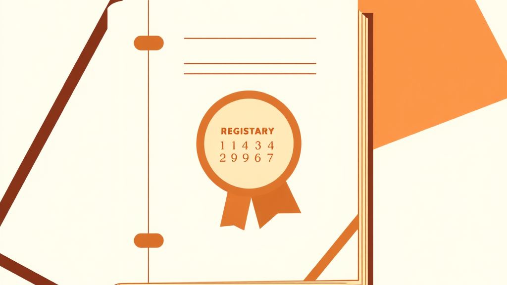 Abstract artwork: a company registry book with a registrar seal and a calendar page in bronze and espresso