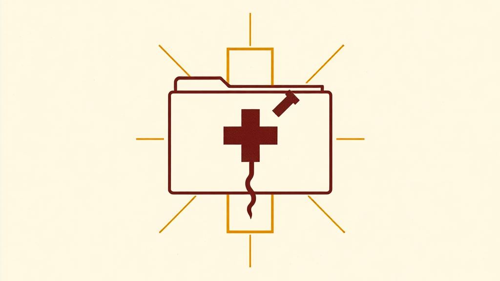 Abstract artwork: a medical cross with a file folder and a mortar in bronze and espresso
