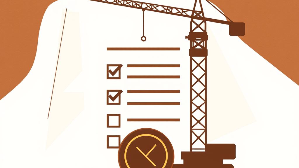 Abstract artwork: a construction crane beside a document checklist with a bronze approval seal