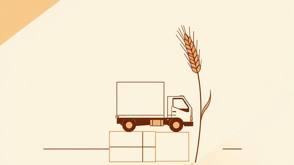 Abstract artwork: warehouse boxes with a truck and a wheat stalk in bronze and espresso