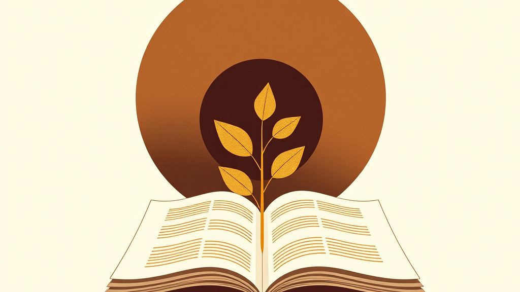 Abstract artwork: interlocking circles over an open financial report with a sprouting plant