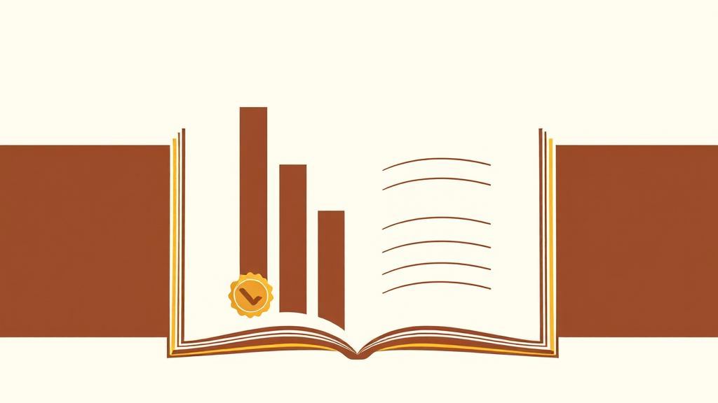 Abstract artwork: an open ledger with rising bars and digital sales records in bronze and espresso