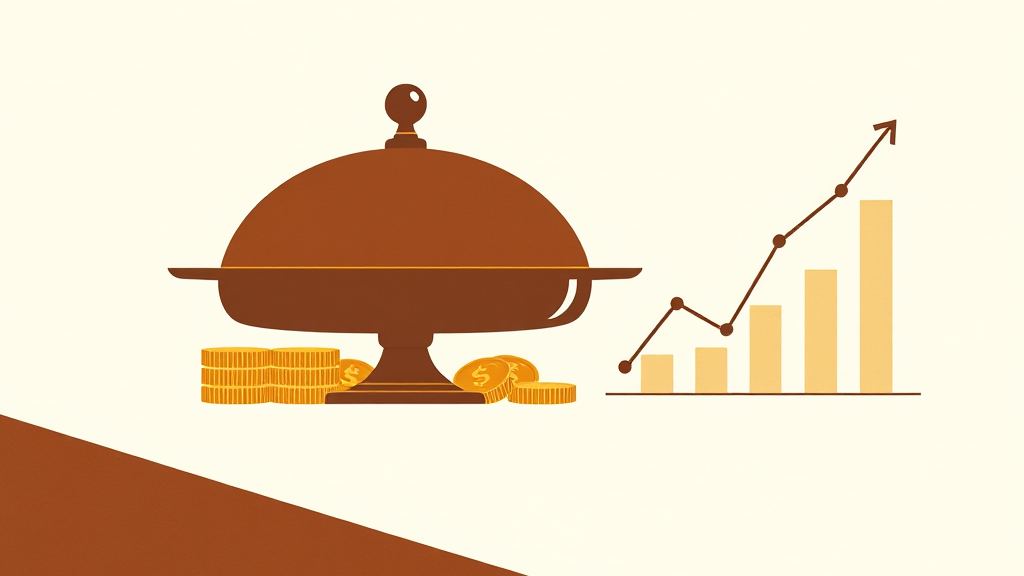 Abstract artwork: a serving cloche beside coins and a cash-flow chart in bronze and espresso