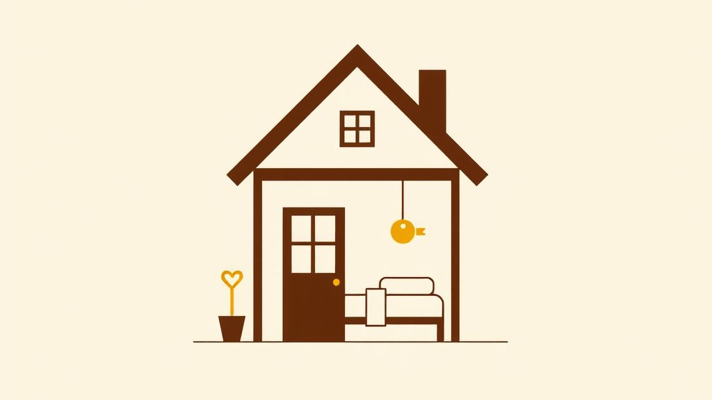 Abstract artwork: a small guesthouse building with a key and a bed in bronze and espresso