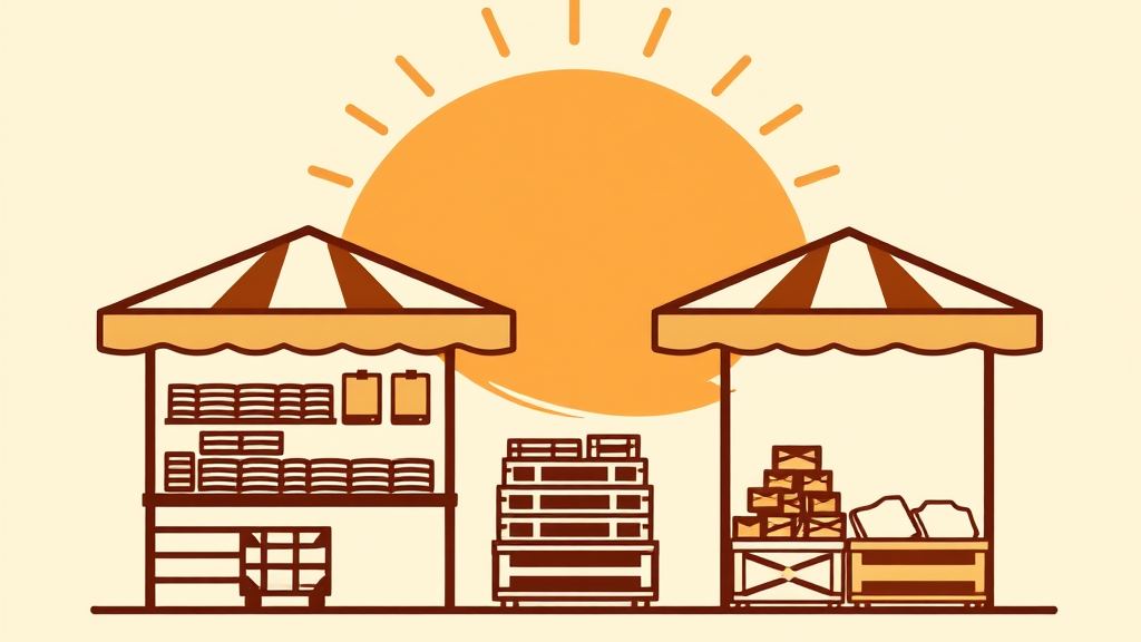 Abstract artwork: market stalls and awnings with stacked crates under a bronze sun arc on cream paper
