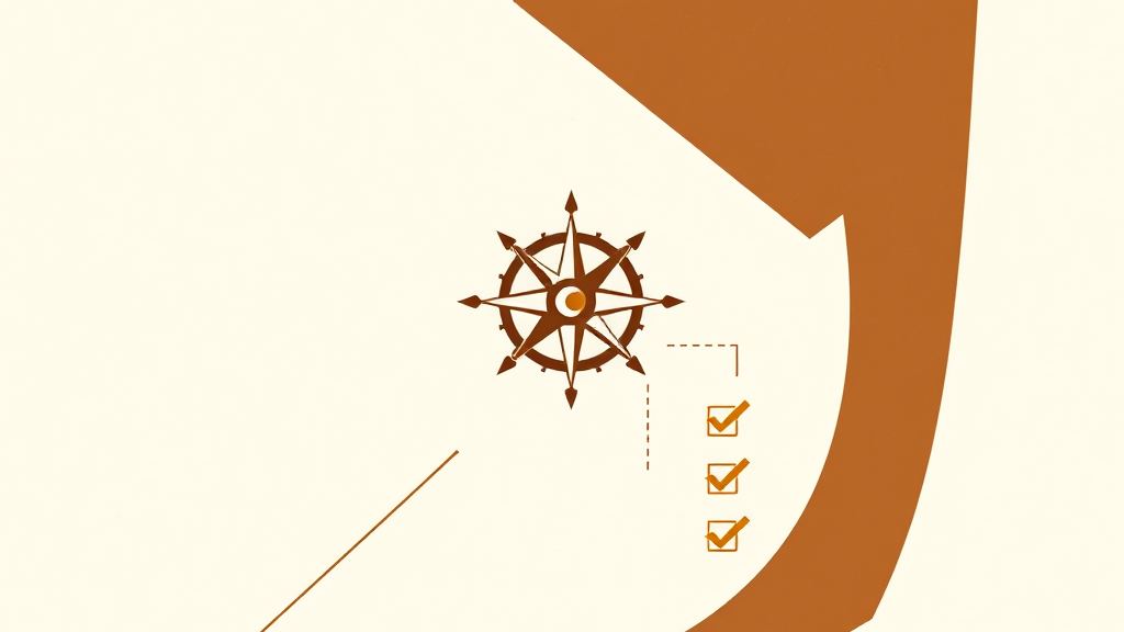 Abstract artwork: a compass beside ascending steps with a gear and checklist in bronze and espresso