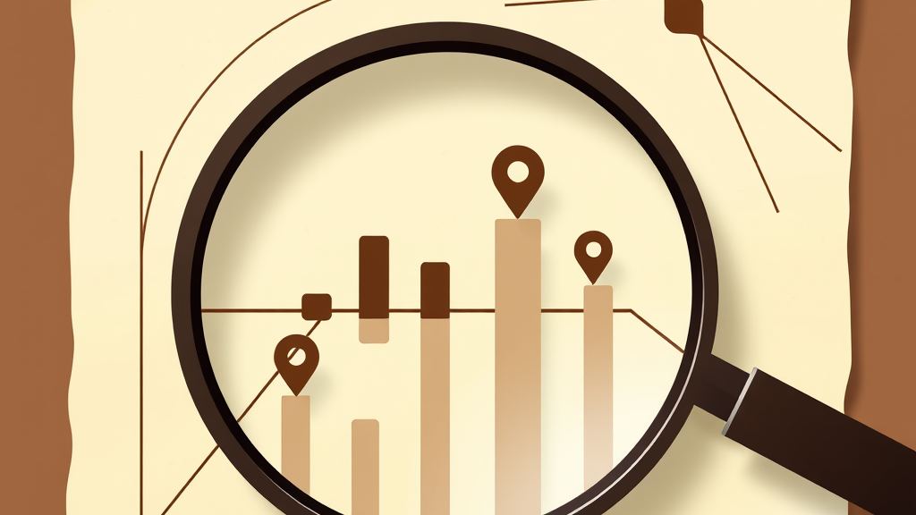 Abstract artwork: a magnifying glass over bar charts with location pins in bronze and espresso