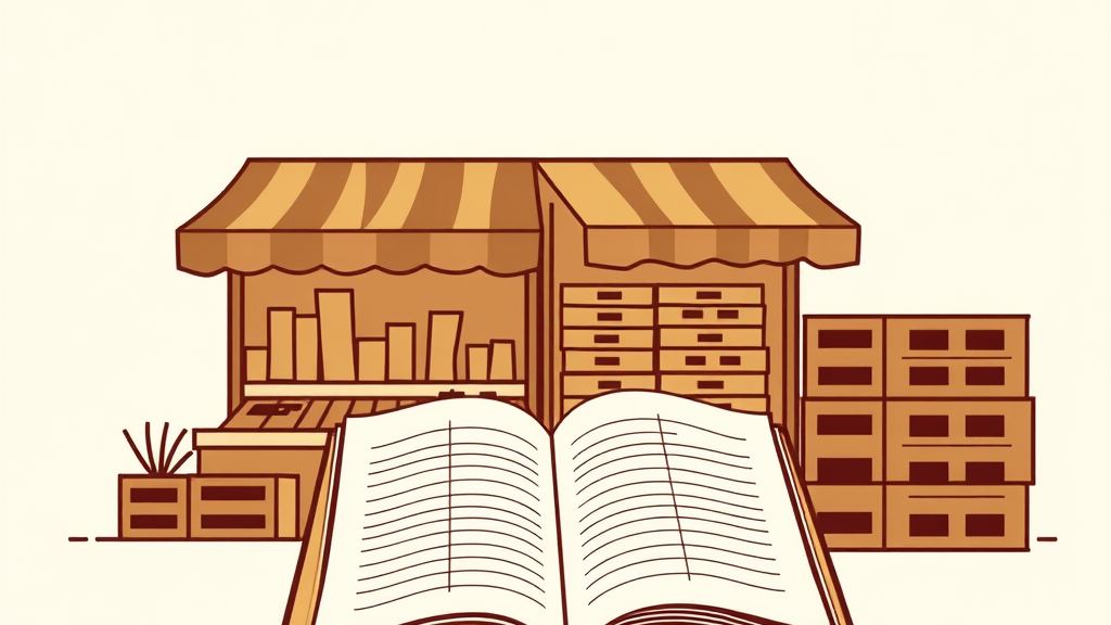 Abstract artwork: market stalls with awnings and stacked crates beside an open ledger