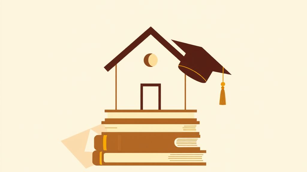 Abstract artwork: a schoolhouse with books and a graduation cap in bronze and espresso