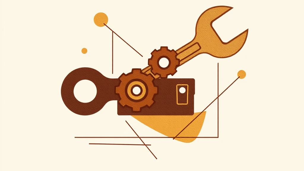 Abstract artwork: a wrench with gears and a toolbox in bronze and espresso