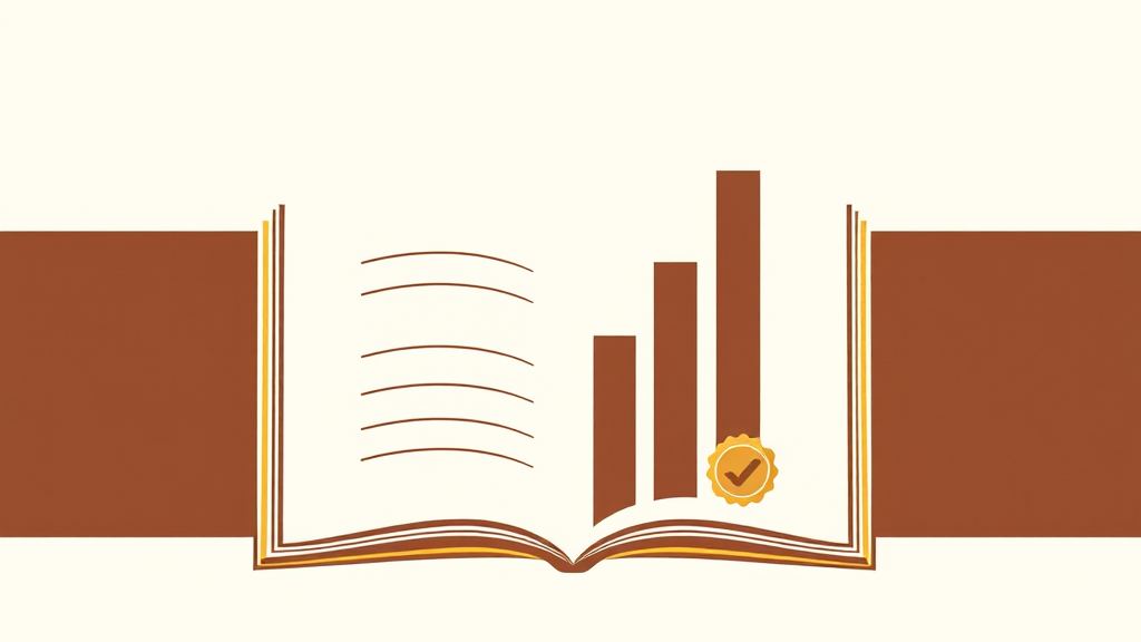 Abstract artwork: an open ledger with rising bars and a bronze seal on cream paper
