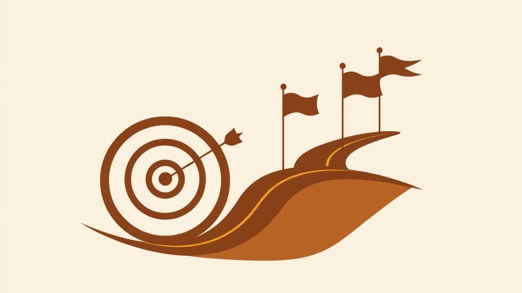Abstract artwork: a target with an arrow beside a winding roadmap with milestone flags in bronze and espresso