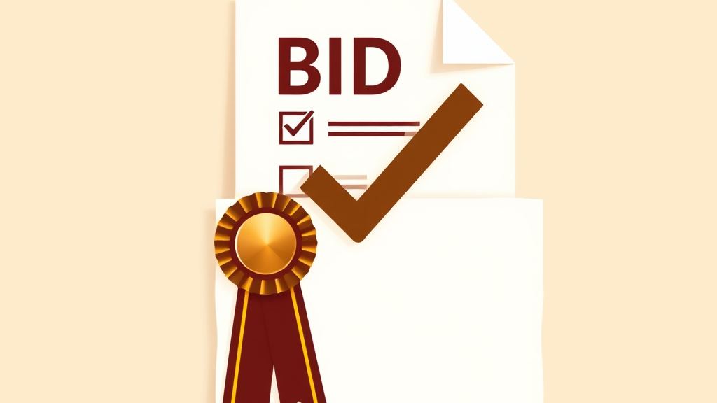 Abstract artwork: a bid document folder with a checklist and a bronze award ribbon