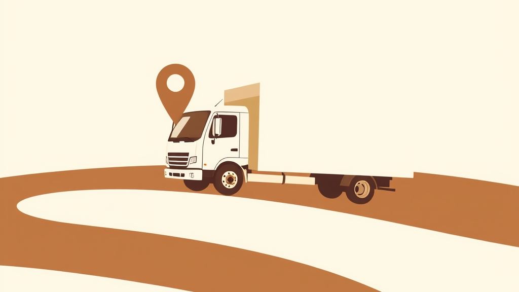 Abstract artwork: a delivery truck on a winding road with location pins in bronze and espresso